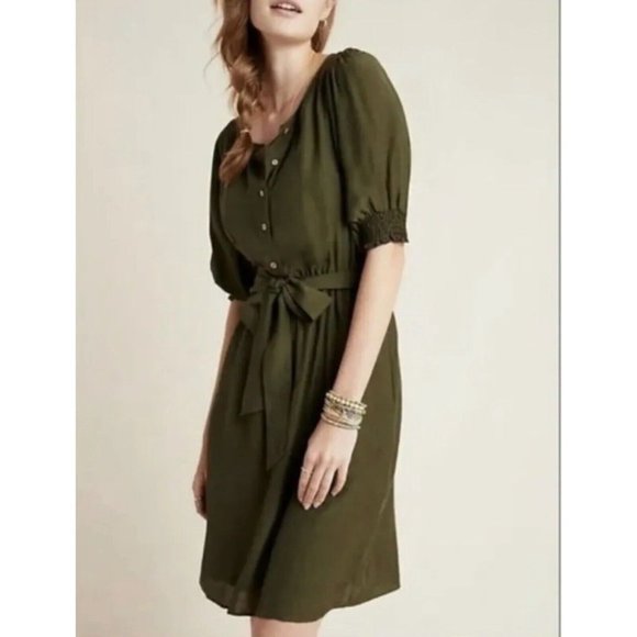 Anthropologie Shirt Dress Womens Small Nicole Linen Blend Green Puff Sleeve - Picture 2 of 14